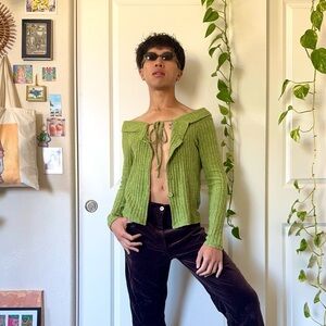 Green Tie-String Off-the-Shoulder Cardigan